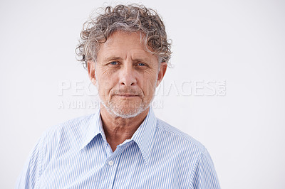 Buy stock photo Portrait, business and senior man with confidence, employee and guy against studio background. Face, mature male person and entrepreneur with thoughts, thinking and proud worker with career ambition