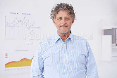 Buy stock photo Businessman, graph and portrait in office for research and data for career or organisation. Executive with smile and confidence for decision in agency, company or corporation for info and funding 