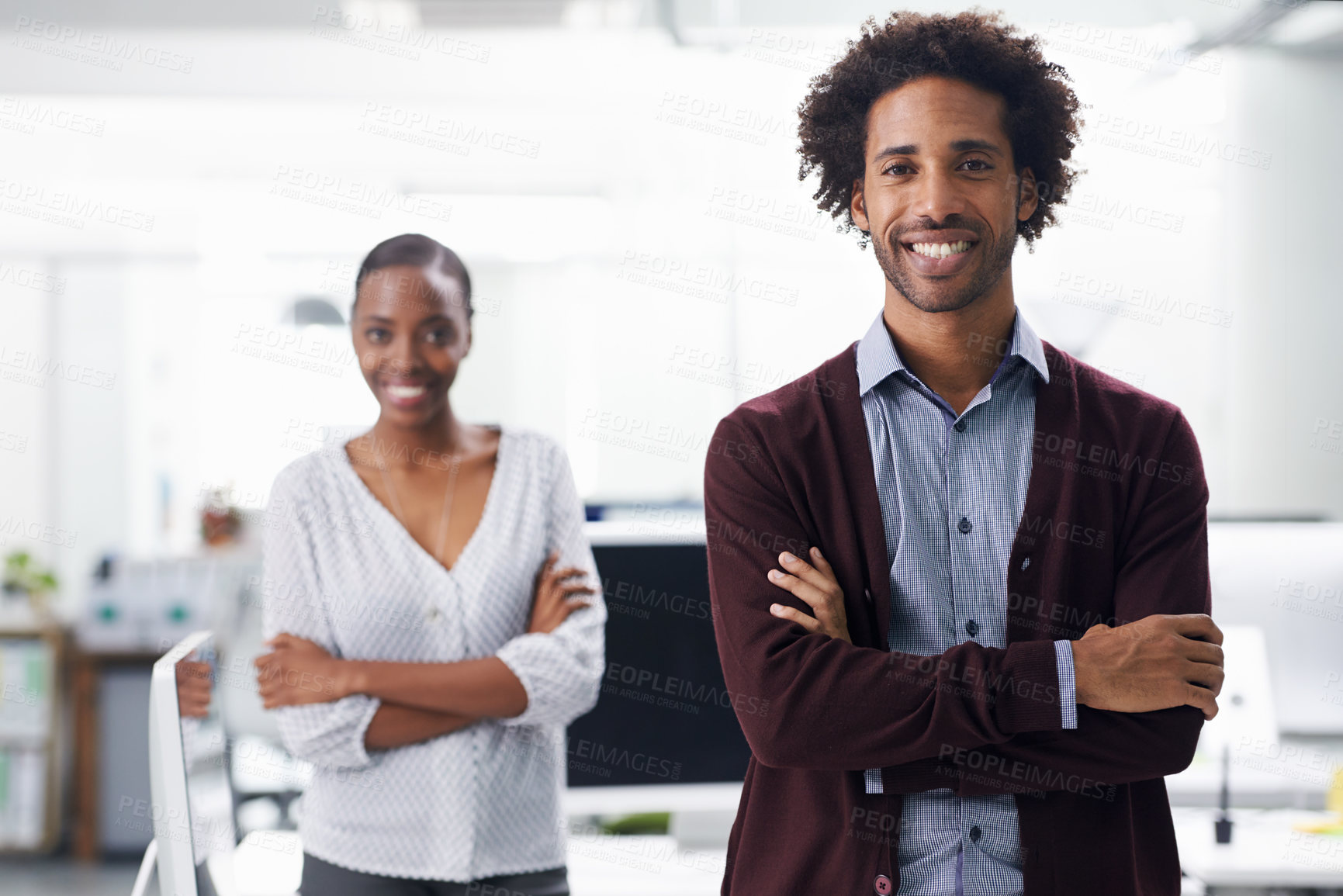 Buy stock photo Portrait, business people or arms crossed in office for confidence or collaboration on pc project for company. Man, woman and face for happy in career and IT professional in workplace for technology