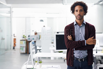 Buy stock photo Portrait, businessman and arms crossed in office for confidence and commitment to career. Man, face and pride in job with satisfaction in workplace, ambition and IT professional to work with computer