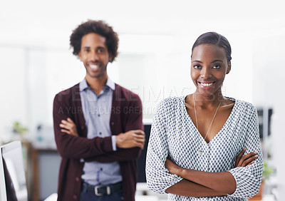 Buy stock photo Portrait, smile and arms crossed with business people in office together for collaboration or ambition. Company, happy or confident with black woman and man colleague in design workplace for career