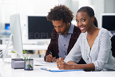 Buy stock photo Collaboration, documents and business black people in office together for planning or budget. Contract, meeting or teamwork with young woman and male employee in workplace for agenda or review