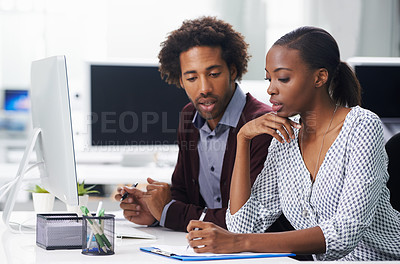 Buy stock photo Collaboration, thinking and business black people in office together for planning or strategy. Documents, meeting or teamwork with young woman and woman employee in workplace for agenda or review