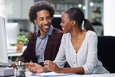 Buy stock photo Collaboration, meeting and business black people in office together for planning or strategy. Contract, documents or teamwork with young woman and woman employee in workplace for agenda or review