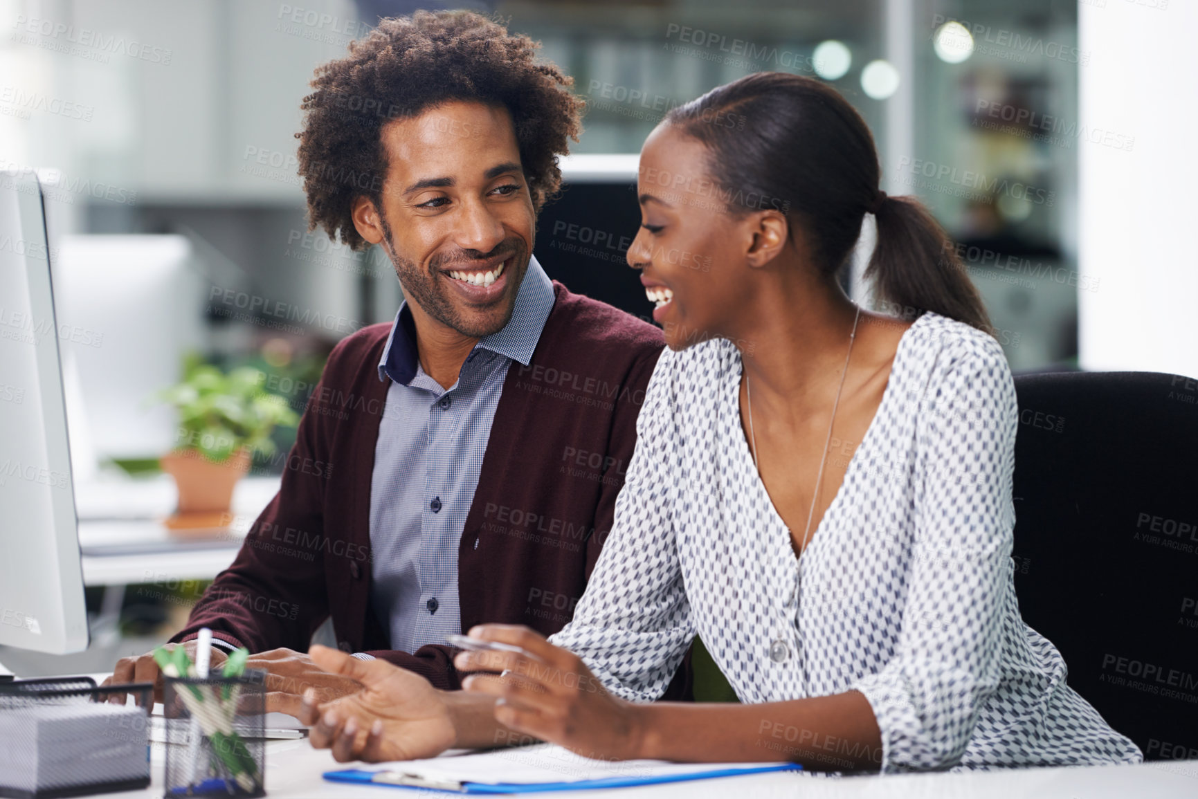Buy stock photo Collaboration, meeting and business black people in office together for planning or strategy. Contract, documents or teamwork with young woman and woman employee in workplace for agenda or review