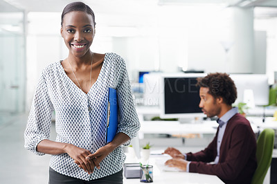 Buy stock photo Portrait, administration and documents with business black woman in office for filing or reporting. Human resources, smile and clipboard with confident young employee in workplace for recruitment