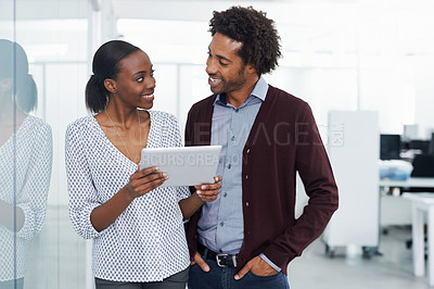 Buy stock photo Smile, tablet and teamwork with business people in office together for project management. Collaboration, research or technology with young black man and woman employee in workplace for discussion 