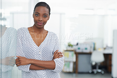 Buy stock photo Portrait, confident and business black woman arms crossed in office for start of employment with space. Agency, enterprise and serious young professional in design workplace for creative career