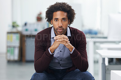 Buy stock photo Portrait, creative or design and serious black man in office with creative career mission or mindset. Business, startup and agency with confident young designer in artistic workplace for employment
