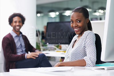 Buy stock photo African woman, man and portrait in office with smile, pride and confident at startup company. Black people, employees and happy in workplace with teamwork for collaboration at creative media agency