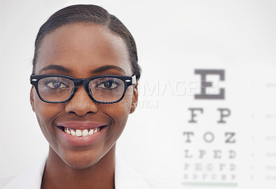 Buy stock photo Vision, test and portrait of woman in consultation for optometry, eye exam and doctor in healthcare. Glasses, expert and medical chart with letters in clinic and African optometrist with spectacles