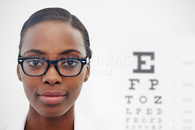 Buy stock photo Vision, test and portrait of woman with optometry, eye exam and doctor in healthcare with letters on chart. Glasses, expert and medical consultation in clinic with African optometrist for spectacles