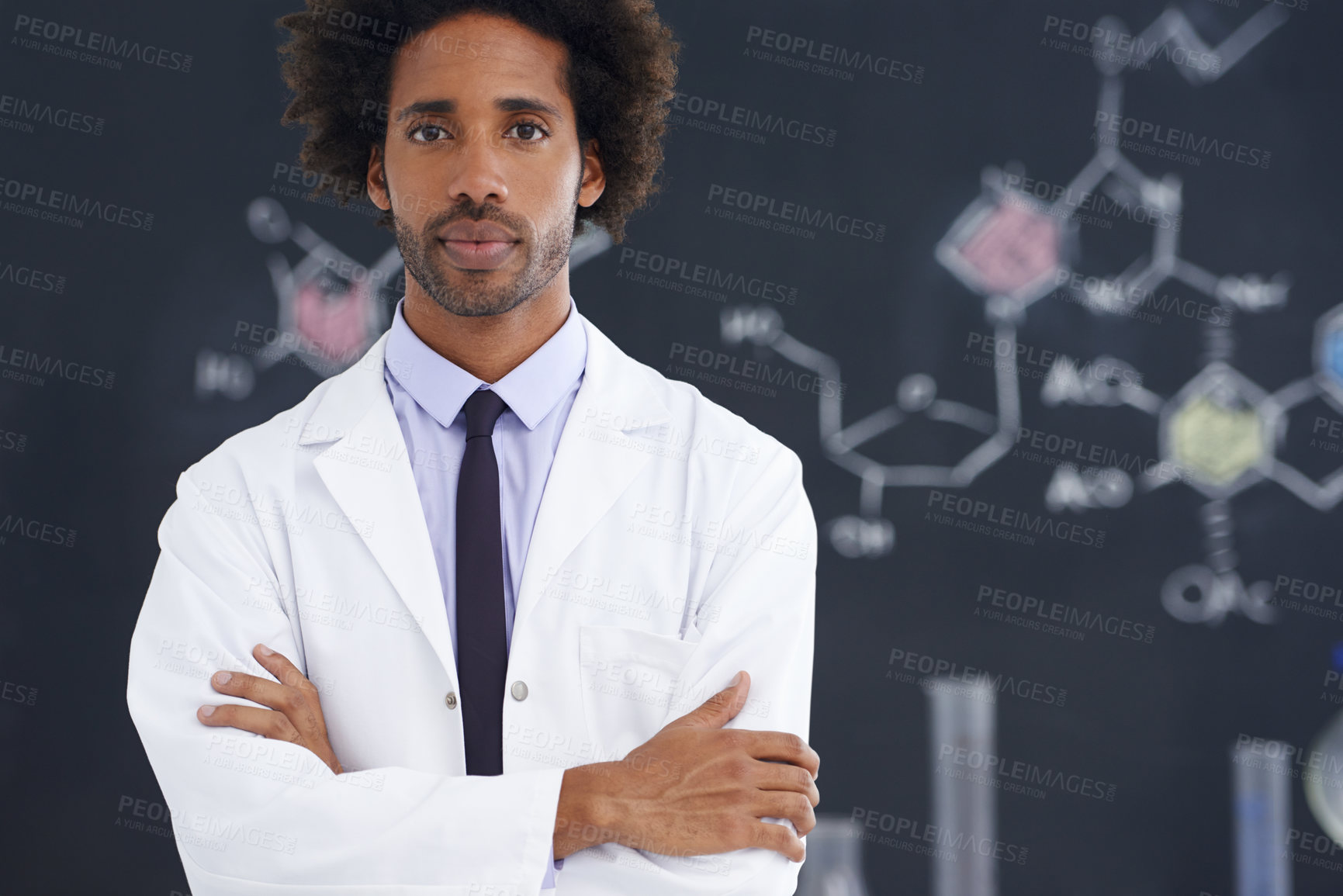 Buy stock photo Scientist, portrait and arms crossed with confidence in laboratory for chemical research, medical study and serious. Science, african professional and face with pride for pharmaceutical experiment