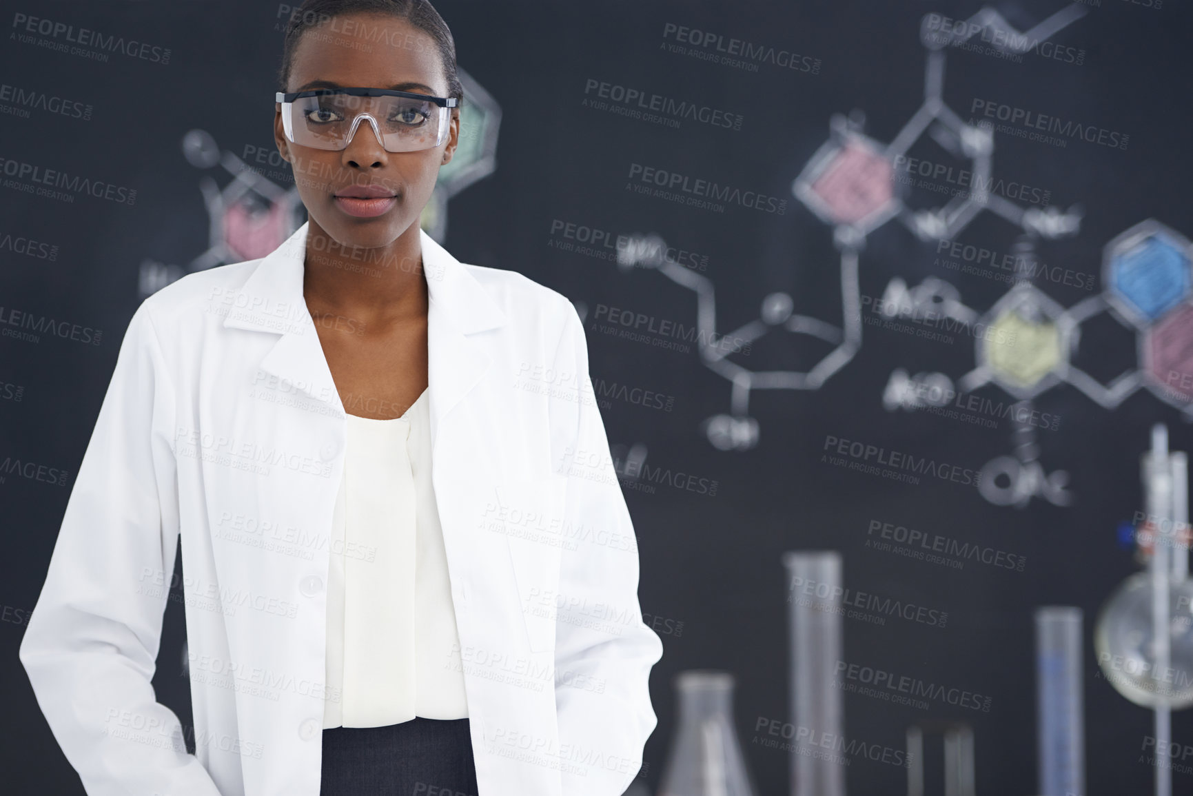 Buy stock photo Scientist, portrait and woman with goggles in laboratory for chemical research, medical study and lab technician. Science, african professional and face with confidence for pharmaceutical experiment