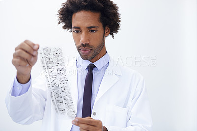 Buy stock photo Research, genetic mapping and man scientist with dna, print or genome pattern for forensic, results or learning. Science, healthcare or doctor with rna, molecule or structure, chromosome or template