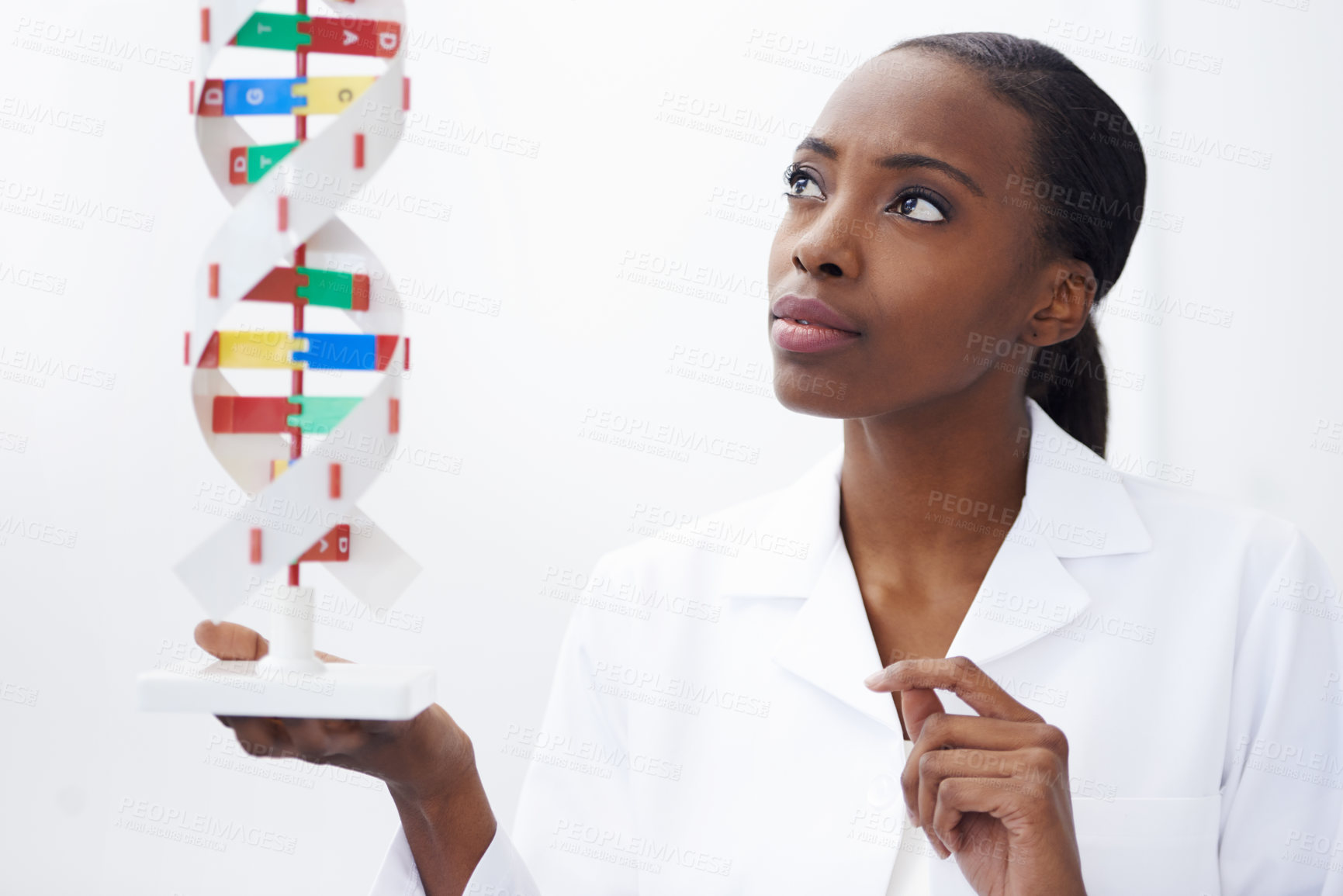 Buy stock photo Science, woman and dna model in laboratory with molecule genetics, biological diagnostics and organism development. Scientist, african professional and thinking of helix particles for medical study
