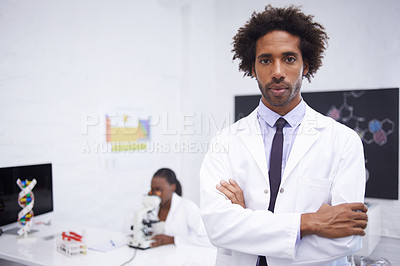 Buy stock photo Scientist, portrait and arms crossed with confidence in laboratory for chemical research, medical study and serious. Science, african collaboration and face with pride for pharmaceutical experiment