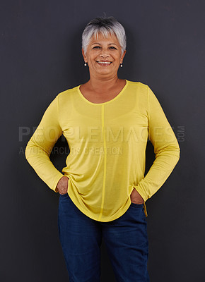 Buy stock photo Smile, fashion and portrait of woman in studio with casual, trendy and bright tshirt for outfit. Confident, happy and senior female person from Mexico with cool style isolated by black background.