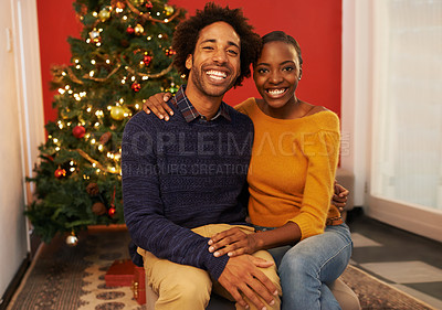 Buy stock photo Couple, portrait and Christmas holiday at tree in apartment for bonding celebration with decoration, connection or lights. Man, woman and face in living room for festive season, gifts or marriage