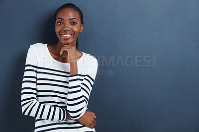 Buy stock photo Portrait, thinking and smile with black woman, ideas and decision on a grey studio background. Face, African person and model with mockup space and girl with planning and wonder with problem solving