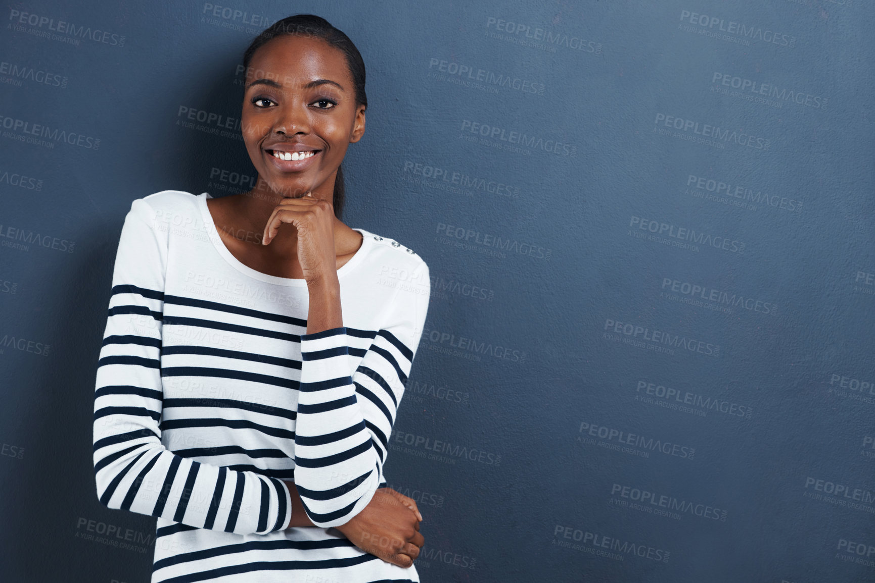 Buy stock photo Portrait, thinking and smile with black woman, ideas and decision on a grey studio background. Face, African person and model with mockup space and girl with planning and wonder with problem solving