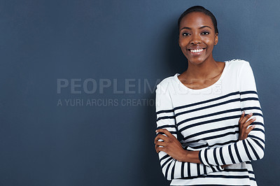 Buy stock photo Black woman, happy and portrait in studio in fashion career and arms crossed for confident professional. African designer, face and smile for creativity as tailor by blue background and pride in job