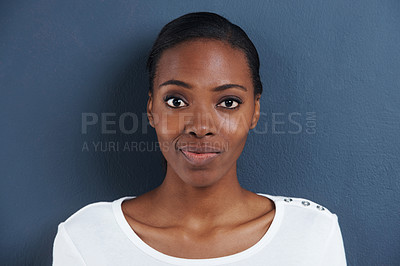 Buy stock photo Black woman, portrait and doubt in studio with confused, thinking and unsure of planning. African model, question or smirk face with expression of whatever for decision or closeup by blue background