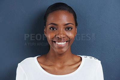 Buy stock photo Black woman, smile portrait and studio for natural cosmetics for skincare and facial glow for beauty. African model, dermatology or happy face with mascara or confident in closeup by blue background