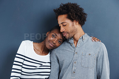 Buy stock photo Happy, portrait and black couple hug with love on studio background together with cool fashion. African, people and smile in embrace for profile picture with casual style and clothes on mockup space