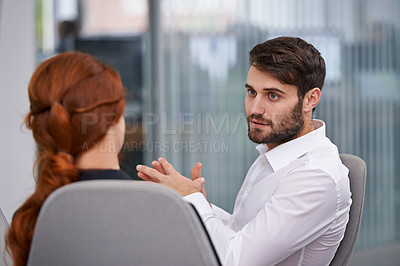 Buy stock photo Man, woman and meeting with partner in boardroom for decision, discussion and ideas in collaboration. Business people, mentor and coach with advice for career, growth and development in workplace