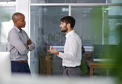 Buy stock photo Men, partnership and conversation in hallway at office for ideas, listen or collaboration at company. Business people, teamwork or diversity with advice for questions in workplace at corporate agency