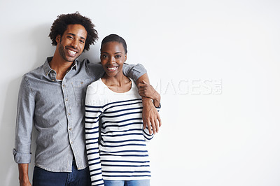 Buy stock photo Couple, happiness and portrait by white wall with hug for romance, support and healthy relationship with mockup. Black woman, and face of man with embrace for trust, comfort and affection with relax