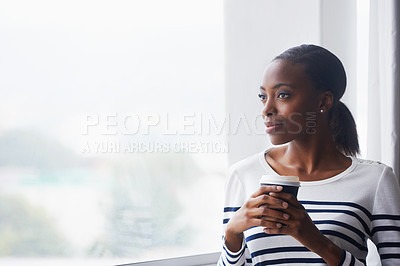 Buy stock photo Woman, coffee and thinking by window in new house with confidence for real estate investment and mortgage. African homeowner, person and thoughtful with future home ideas or relocation in living room