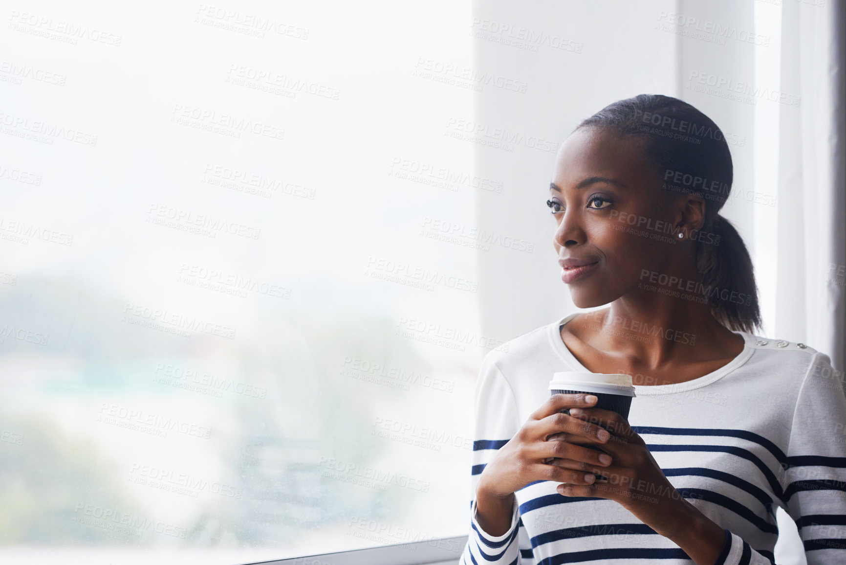 Buy stock photo Woman, coffee and thinking by window in new house with confidence for real estate investment and mortgage. African homeowner, person and thoughtful with future home ideas or relocation in living room