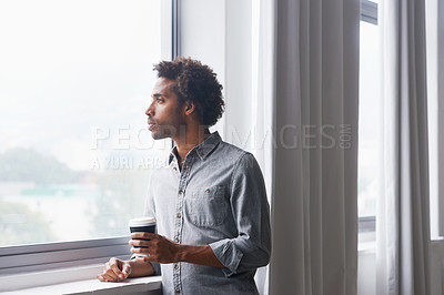 Buy stock photo Man, coffee and thinking by window in new home with confidence for real estate investment and mortgage. African homeowner, person and thoughtful with future house ideas and relocation in living room