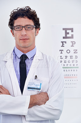 Buy stock photo Man, optician and portrait for eye exam consultation or vision testing or prescription lens, glaucoma or confidence. Male person, glasses and ophthalmology checkup at clinic or advice, care or health