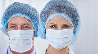 Buy stock photo Face mask, doctor and portrait with surgery and safety gear for healthcare and wellness job. Hospital, ppe and people in clinic with working and health protocol in facility with care and staff  