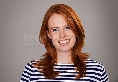 Buy stock photo Red head, gray background and portrait of business woman with smile for career, work and job. Professional, happy and isolated person with confidence, company pride and positive attitude in studio