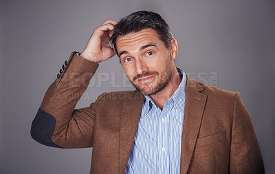 Buy stock photo Businessman, portrait and head scratch for confusion in studio, uncertain and gray background. Male person, question and doubt in planning for choice or decision, mockup space and problem solving