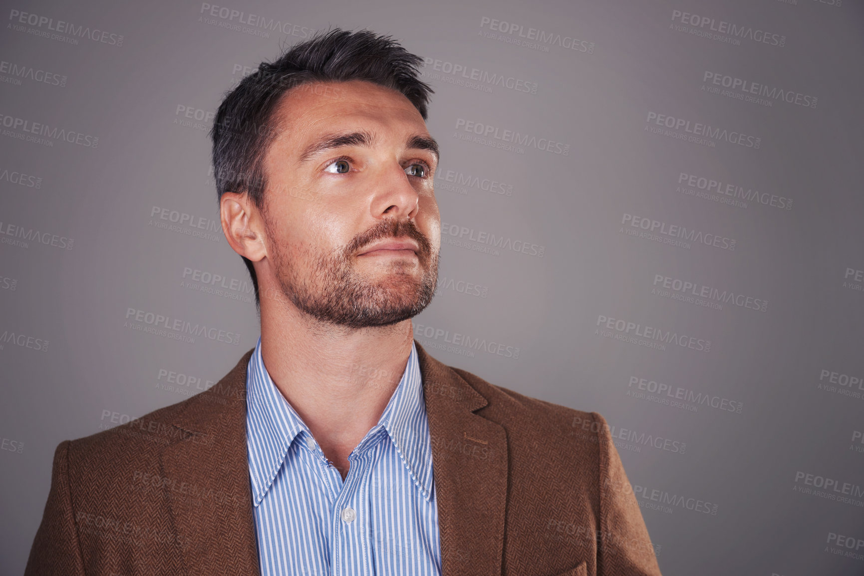 Buy stock photo Thinking, idea and business man on gray background for problem solving, brainstorming and solution. Professional, corporate worker and isolated person confident for career, job and work in studio