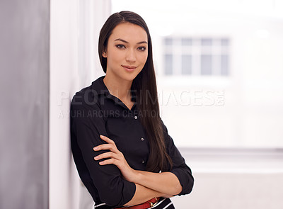 Buy stock photo Office, crossed arms and portrait of business Asian woman with confidence, pride and positive attitude. Professional, consultant and face of worker for career, job and working in modern building