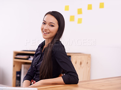 Buy stock photo Office, smile and portrait of business Asian woman at desk with confidence, pride and creative startup. Professional, consultant and worker at desk for career, job and working in modern building