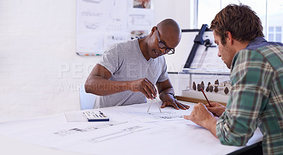 Buy stock photo Architecture, men and teamwork with drawing on blueprint in office for building design, remodeling project and floor plan. Business people, collaboration or architect with construction development