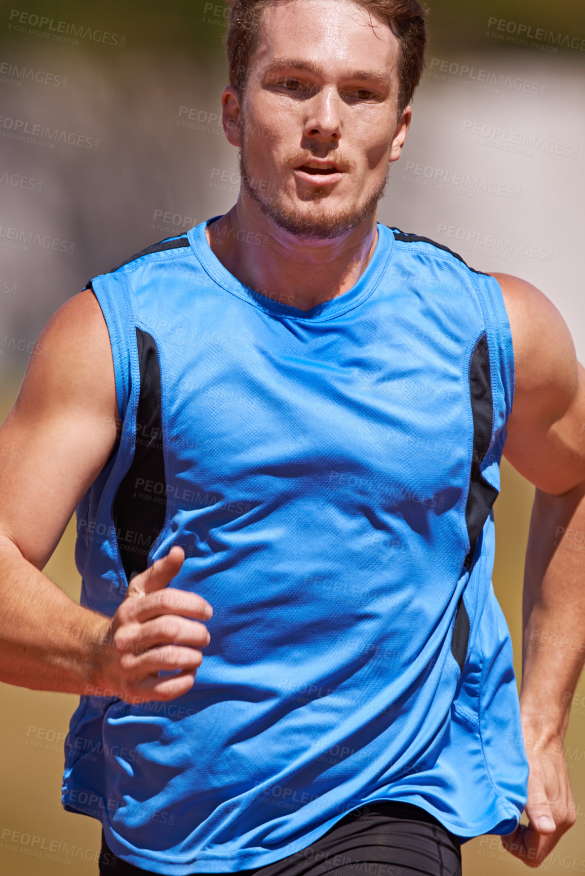 Buy stock photo Running, fitness and man outdoor for training, wellness or morning cardio, performance or routine. Health, exercise or face of male runner outside for summer run, marathon or speed workout challenge