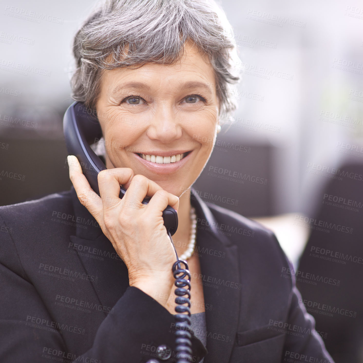 Buy stock photo Senior woman, portrait and telemarketing phone call with communication and smile from work. Crm, telephone and support with conversation and professional female employee with talking in office