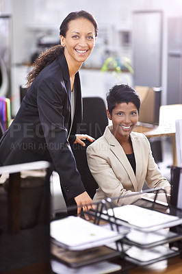 Buy stock photo Business, teamwork and portrait of women in office on computer for consulting, planning and project. Collaboration, corporate and worker with boss for working online, feedback and web research