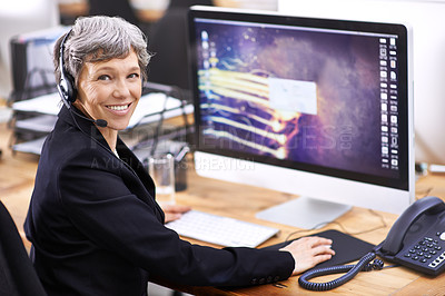 Buy stock photo Call center, pc screen and senior woman portrait in office consulting for customer support, crm or faq. Telemarketing, face and mature female consultant with friendly help, support or b2b networking