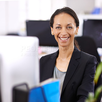 Buy stock photo Business woman, portrait and office administrator at a computer with a smile and ready for digital work. Tech, desk and happy professional with online job and confidence from company admin career
