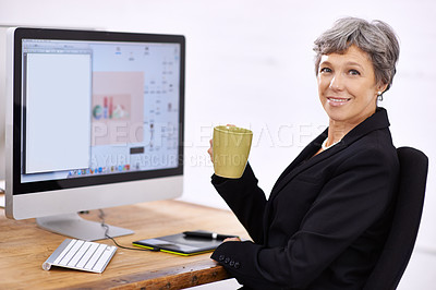 Buy stock photo Business woman, portrait and senior professional in office at computer with coffee and email. Tech, desk and happy executive with online job and confidence from startup career with operations manager