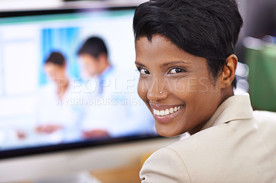 Buy stock photo Black woman, portrait and website developer at computer with a smile and ready for digital photo editing. Tech, desk and professional with online job and confidence from company and creative career